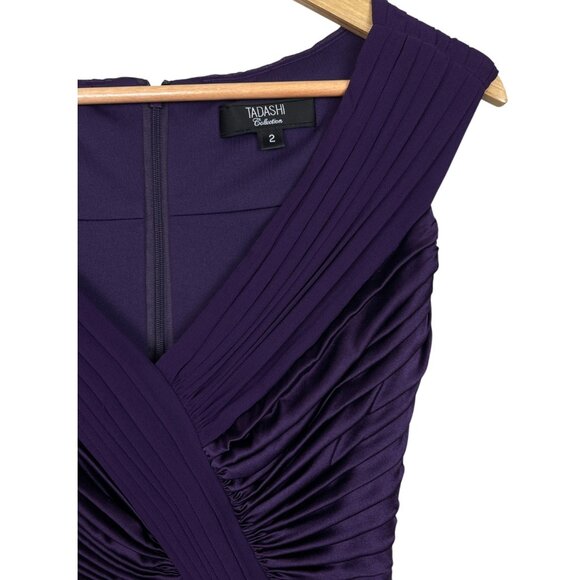 TADASHI COLLECTION PURPLE SILK CHIFFON V-NECK PLEATED GOWN - Picture 3 of 9